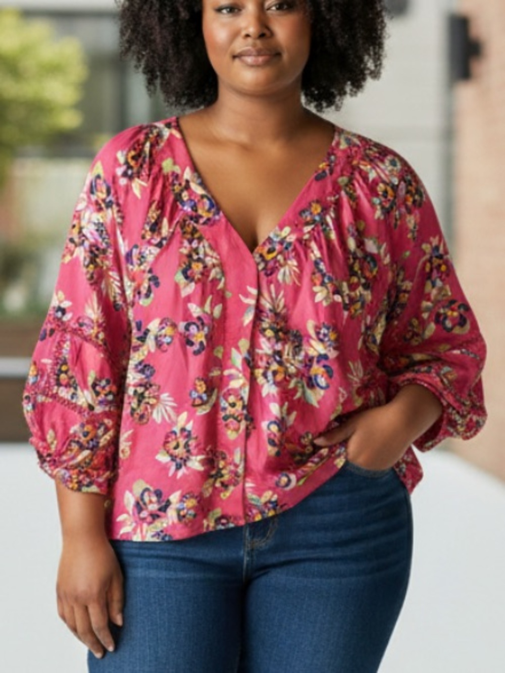 Zac & Rachel Bright Pink Floral Peasant Blouse
